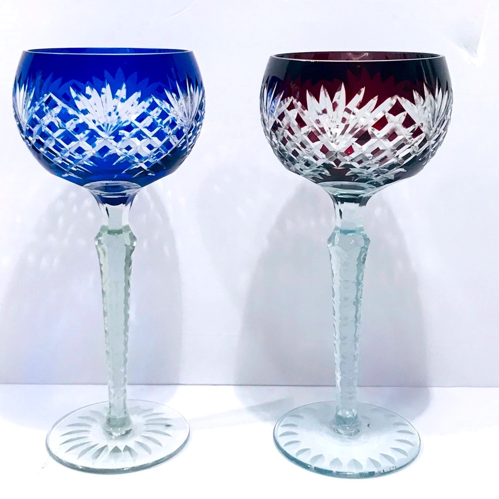 Vtg Bohemian Neubert-Echt Bleikriatall Crystal Cut to Clear 2 Wine Glasses.